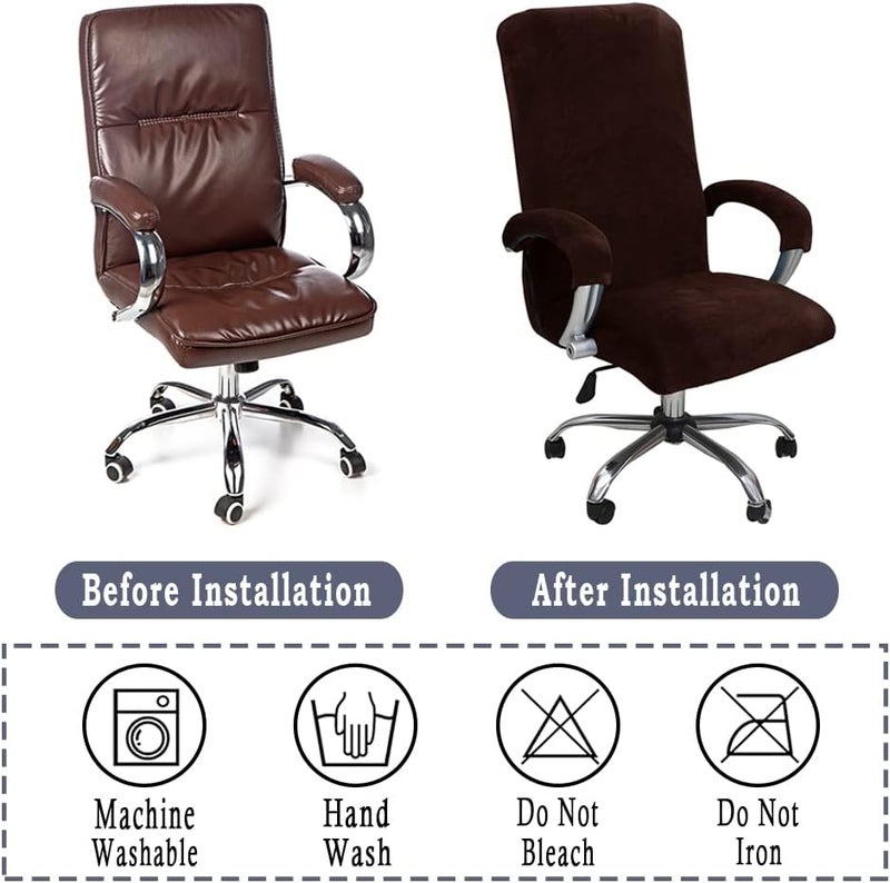 ITFRO 3 Piece Office Chair Cover with Armrest Covers Velvet Computer Desk Chair Cover with Zipper Universal Rotating Gaming Chair Slipcover High Back Chair Seat Protector (Brown) - Image 4